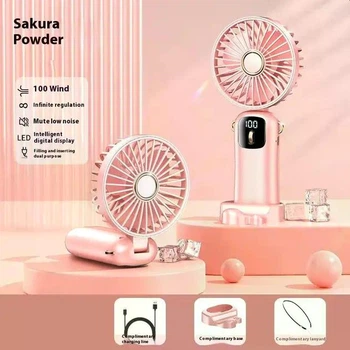 Портативний міні вентилятор Mini fan AND892 з підставкою для телефону та дисплеєм рожевий