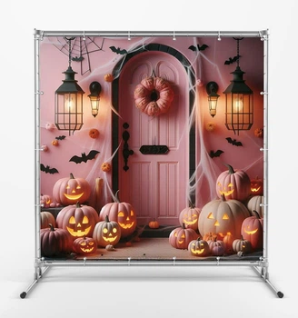 Баннер на Хэллоуин. Halloween "Тыква на розовой двери" размер 2х2м. С люверсами.