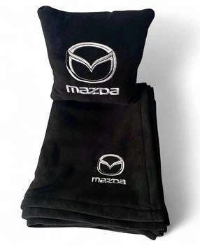 Плед и подушка в авто с вышитым логотипом MAZDA черный флис 260г/м2 размер M