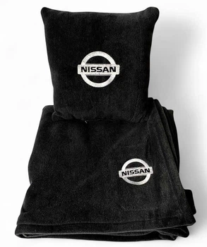 Плед и подушка в авто с вышитым логотипом NISSAN черный флис 260г/м2 размер M