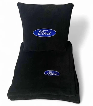 Плед и подушка в авто с вышитым логотипом FORD черный флис 260г/м2 размер M