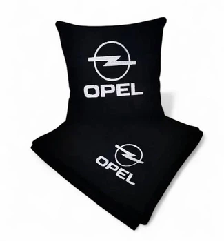 Плед и подушка в авто с вышитым логотипом OPEL черный флис 260г/м2 размер M