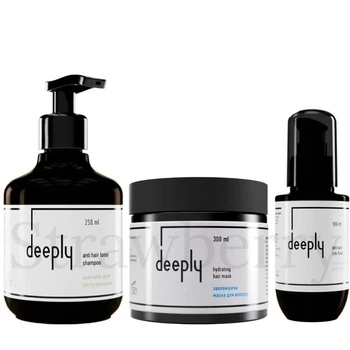 Набор для стимуляции роста питания и увлажнения волос Deeply: Шампунь Deeply Anti Hair Loss Shampoo 250мл + Увлажняющая маска Deeply Hydrating Hair Mask 300мл + Шелковый флюид для волос Deeply Delicate Silk Fluid 100мл