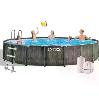 Бассейн каркасный Intex 26744 круглый на 24311 л из ПВХ и стали с картриджным насосом лестницей тентом и подстилкой 549x122 см Темно-серый (124-9-26744)