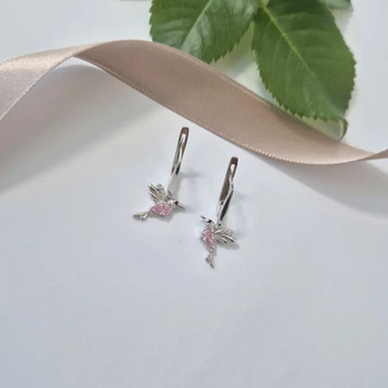 Серебряные серьги с Подвеской Колибри с Розовыми камнями серебро 925 пробы Родированное 5000135р 2.20г