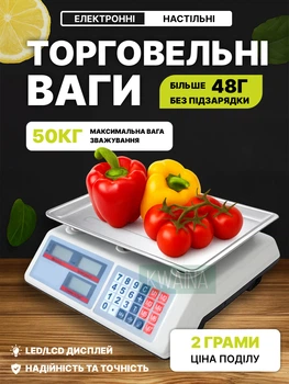 Весы торговые из нержавеющей стали+прочный пластик, двусторонний LED-дисплей для продавца и покупателя до 50кг, белые