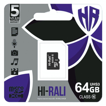 Карта Пам'яті Hi-Rali MicroSDXC 64gb UHS-3 10 Class Колір Чорний