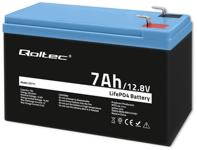 Акумуляторна батарея Qoltec LiFePO4 Літій-залізо-фосфатний 12.8V 7Ah 89.6Wh BMS (5901878537115)