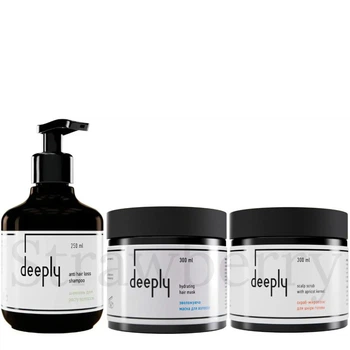 Набор для стимуляции роста и увлажнения волос Deeply: Шампунь Deeply Anti Hair Loss Shampoo 250мл + Увлажняющая маска Deeply Hydrating Hair Mask 300мл + Скраб для кожи головы Deeply Scalp Scrub With Apricot Kernel 300мл