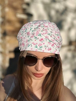 Тюрбан чалма повʼязка на голову після хіміотерапії One size біла з рожевим квітковим принтом