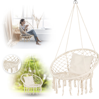 Подвесное кресло-качалка Outtec Boho XXL плетеное бежевое для сада до 150 кг