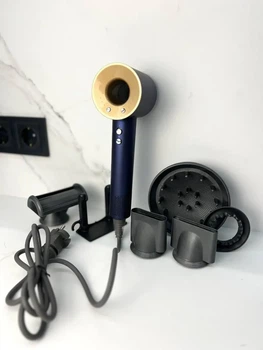 Фен Super Hair Dryer синьо-золотий з іонізацією та турборежимом 5 насадок