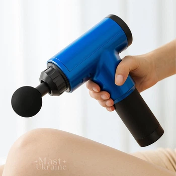Массажер для тела и мышц аккумуляторный Fascial Gun, беспроводной массажный пистолет с 4 насадками и 6 скоростями, портативный электрический вибромассажер для глубокого массажа спины, шеи, ног, рук Синий, KH-320-Blue