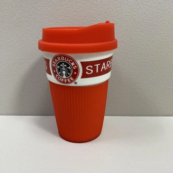 Стакан керамический с силиконовой крышкой 360 мл Starbucks 9702 красный с белым