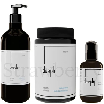 Набор для увлажнения и блеска всех типов волос Deeply Увлажняющий шампунь Deeply Hydrating Shampoo 1л + Увлажняющая маска Deeply Hydrating Hair Mask 1л + Крем для блеска волос Deeply Brilliant Finishing Cream 200мл
