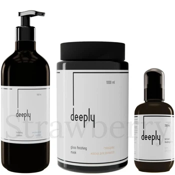 Набор для увлажнения и сияния волос Deeply: Увлажняющий шампунь Deeply Hydrating Shampoo 1л + Глянцевая маска Deeply Gloss Finishing Mask 1л + Крем для блеска волос Deeply Brilliant Finishing Cream 200мл