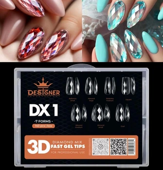 Гелевые типсы 168 шт, 7 форм/уп Дизайнер 3D Diamond Mix Fast Gel Tips DX1 для наращивания ногтей