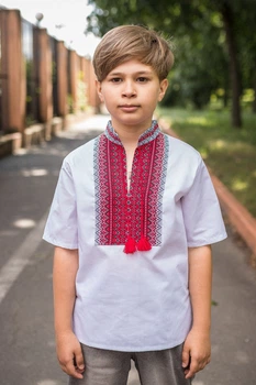 Вишиванка для хлопчика Козачок 7–13 років, біла, короткий рукав, поплін з домотканими вставками ,134, Білий з червоним