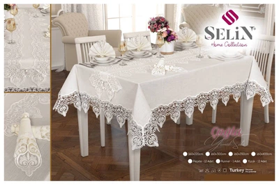 Льняная скатерть с ранером Selin Cagla Set 160×350 см+12 салфеток бежевая