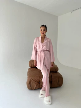 Домашний костюм Christel 4 в 1 халат майка шорты брюки пудра M