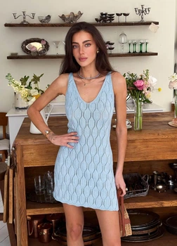Ажурное летнее платье короткое ART KNIT голубое, M-L 040657