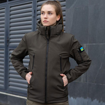 Жіноча Водовідштовхувальна Куртка "Pobedov Motive" Soft Shell + Подарунок шеврон "Прапор України" хакі розмір 3XL