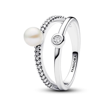 Срібна каблучка Pandora подвійна з перлиною та паве 193147C01 60 .
