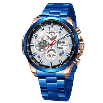 Чоловічий годинник Forsining 6909 Blue-Cuprum-White