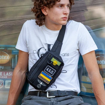 Сумка бананка (мужской мессенджер/слинг) Cordura 1000D (патч-панель) черная (0290839801113)