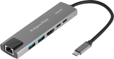 USB-hub Kruger&Matz USB-Type-C - HDMI/2x USB3.0/2x USB-C/RJ45 Grey (5901890040549)