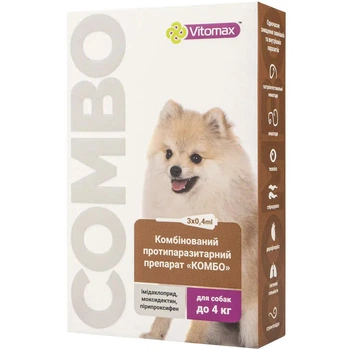 Краплі на холку Vitomax COMBO від екто- та ендо-паразитів для собак до 4 кг по 0,4 мл, 1 піпетка