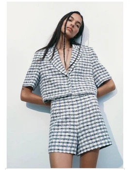 Костюм ZARA Cropped Tweed Blazer & Shorts S Клітинка (8205\270\044)