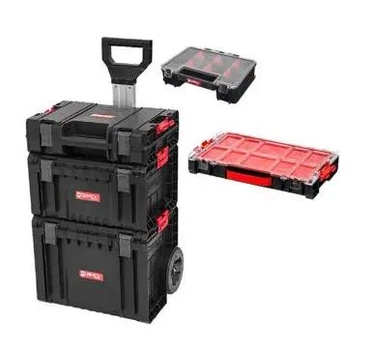 Мобильный комплект модульных боксов 5в1 Qbrick System PRO Set 5in1 Набор ящиков для инструментов с ручкой на колесах для домашней мастерской и гаража Органайзер со съемными контейнерами Черно-красный