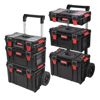 Мобільний комплект модульних боксів Qbrick System PRIME SET 1 Набір ящиків для інструментів з ручкою на колесах для домашньої майстерні та гаражу Органайзер Чорно-червоний