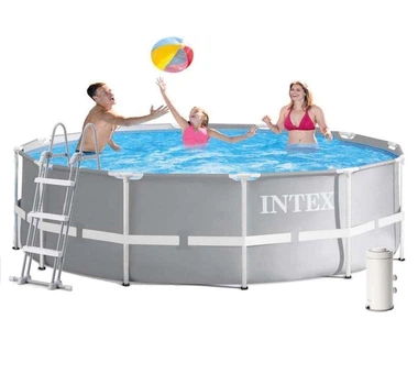 Круглий каркасний басейн Intex 26716-5 з чашею із ПВХ фільтр насосом 3785 л/год драбиною підстилкою та тентом 366х99 см Сірий (127-9-26716-5)