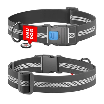 Нашийник для собак WAUDOG Waterproof з QR-паспортом сірий, світловідбиваючий, водостійкий, широкий 40 мм, регульований 46–70 см, пластиковий фастекс, розмір XXL, арт. 251011
