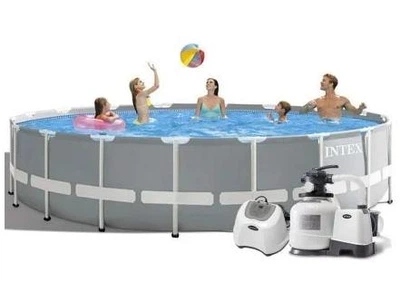 Бассейн каркасный Intex 26732 круглый из ПВХ 549 x 122 см с фильтр-насосом 5678 л в час подстилкой тентом и лестницей Серый (21-9-26732)