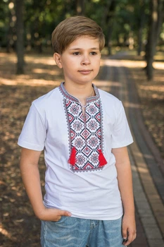 Вышиванка Kosar для мальчика 2-16 лет с коротким рукавом .140, Белый с красным