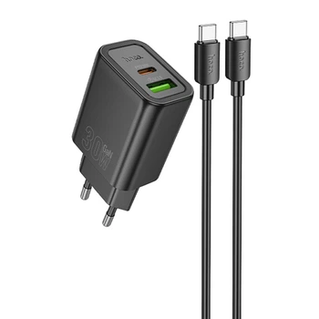 Сетевое зарядное устройство HOCO N63 Gentle PD30W+QC3.0 (1USB-A/1C) + кабель Type-C to Type-C (Black) (219734)