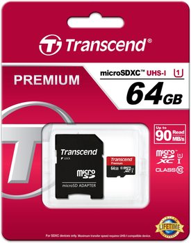Karta pamięci Transcend microSDXC 64GB Class 10 UHS-I Premium + SD-adapter (TS64GUSDU1)