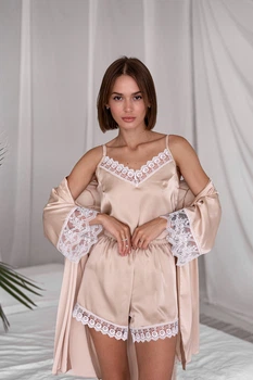 Комплект жіночий трійка халат майка шорти Melissa Collection M бежевий