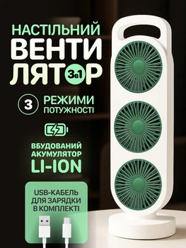 Настільний міні вентилятор 3в1 з акумулятором портативний usb JoyPro Cool Fastly безшумний мобільний маленький кулер 3 ват біло-зелений акумуляторний з юсб зарядкою від повербанка ноутбука мережі вентилятори переносні для офісу вулиці робочого столу