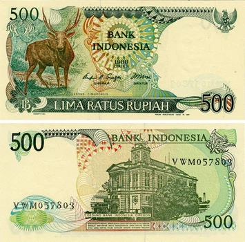 Банкнота Индонезия 500 рупий 1988 AU-UNC Животное - Олень (P123)