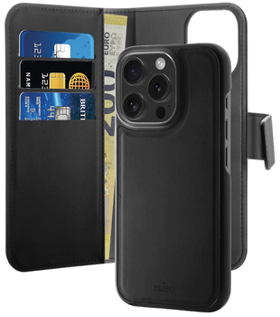 Etui z klapką Puro Wallet Detachable MagSafe 2w1 z portfelem do Apple iPhone 16 Pro Black (8018417485114)