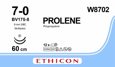 Пролен Ethicon синий 60 см M0.5 USP7/0 две иглы BV175-8 Тип колющая Taper Point 93 мм 3/8 круга (W8702)