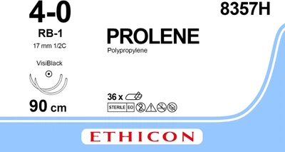 Пролен Ethicon синій 90 см M1.5 USP4/0 дві голки RB-1 Visiblack Тип колюча Taper Point 17 мм Visi Black 1/2 кола (8357H )