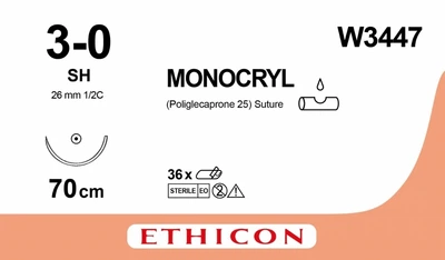 Монокрил Ethicon фиолетовый 3/0 70 см игла колючая 26 мм 1/2 круга (W3447)