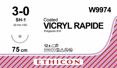 Викрил Ethicon Rapide неокрашенный 75 см M2 USP3/0 одна игла SH-1 Тип колючая Taper Point 22 мм 1/2 круга (W9974)