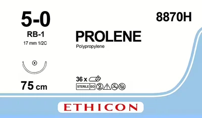 Пролен Ethicon синий 75 см M1 USP5/0 одна игла RB-1 Тип колющая Taper Point 17 мм 1/2 круга (8870H)