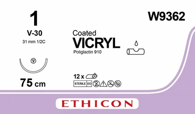 Викрил Ethicon фиолетовый 75 см M4 USP1 одна игла V-30 Тип колюче-режущая Tapercut 31 мм 1/2 круга (W9362)